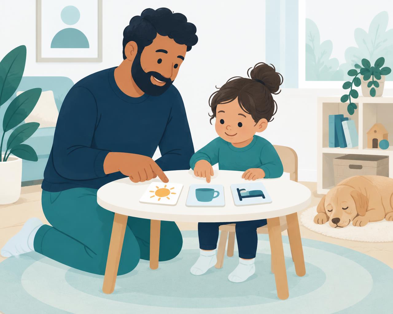 A parent and child choosing visual communication cards together during an everyday home routine